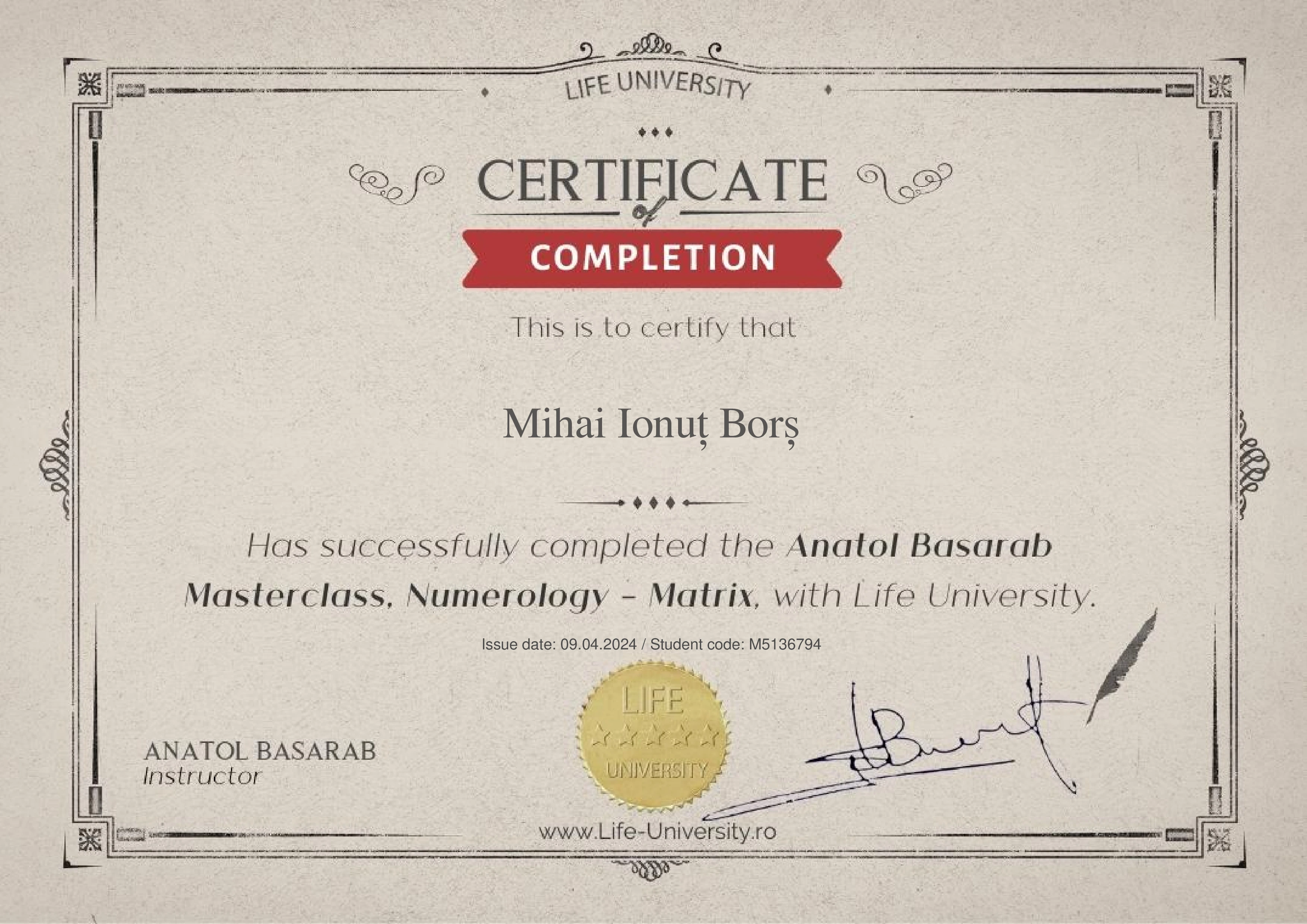 Certificat Masterclass Numerologie — Anatol Basarab / Life University